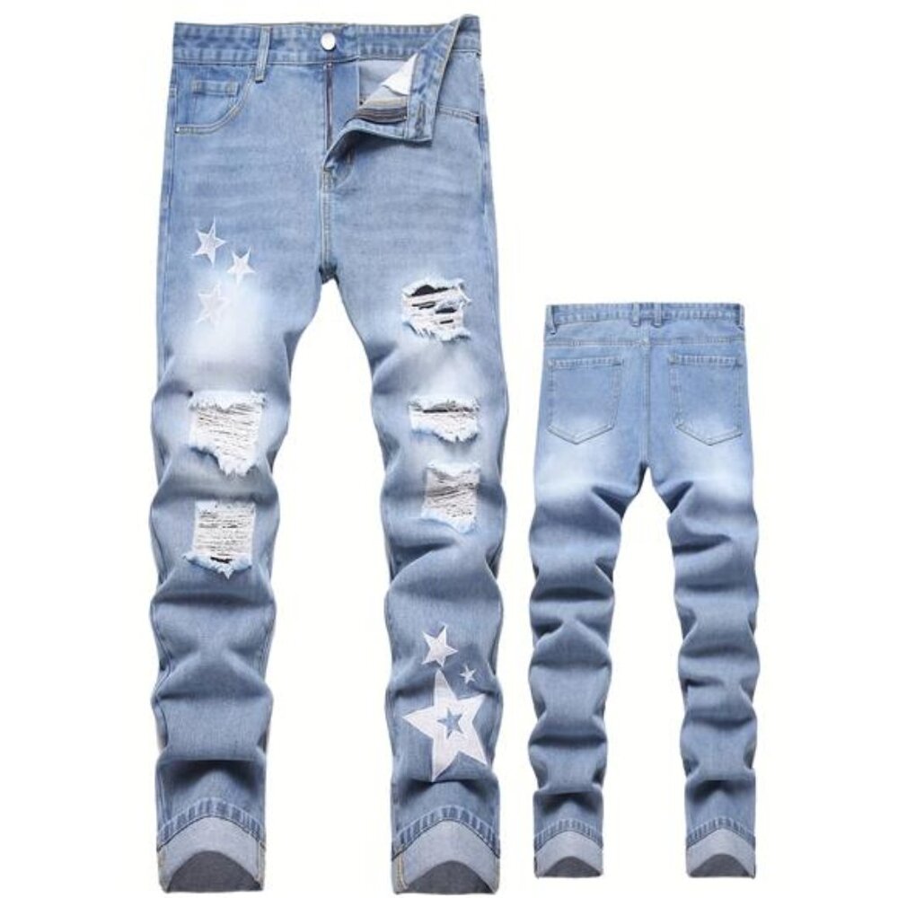 NWT Men's Light Wash Distressed Star Print Jeans - Picture 2 of 9